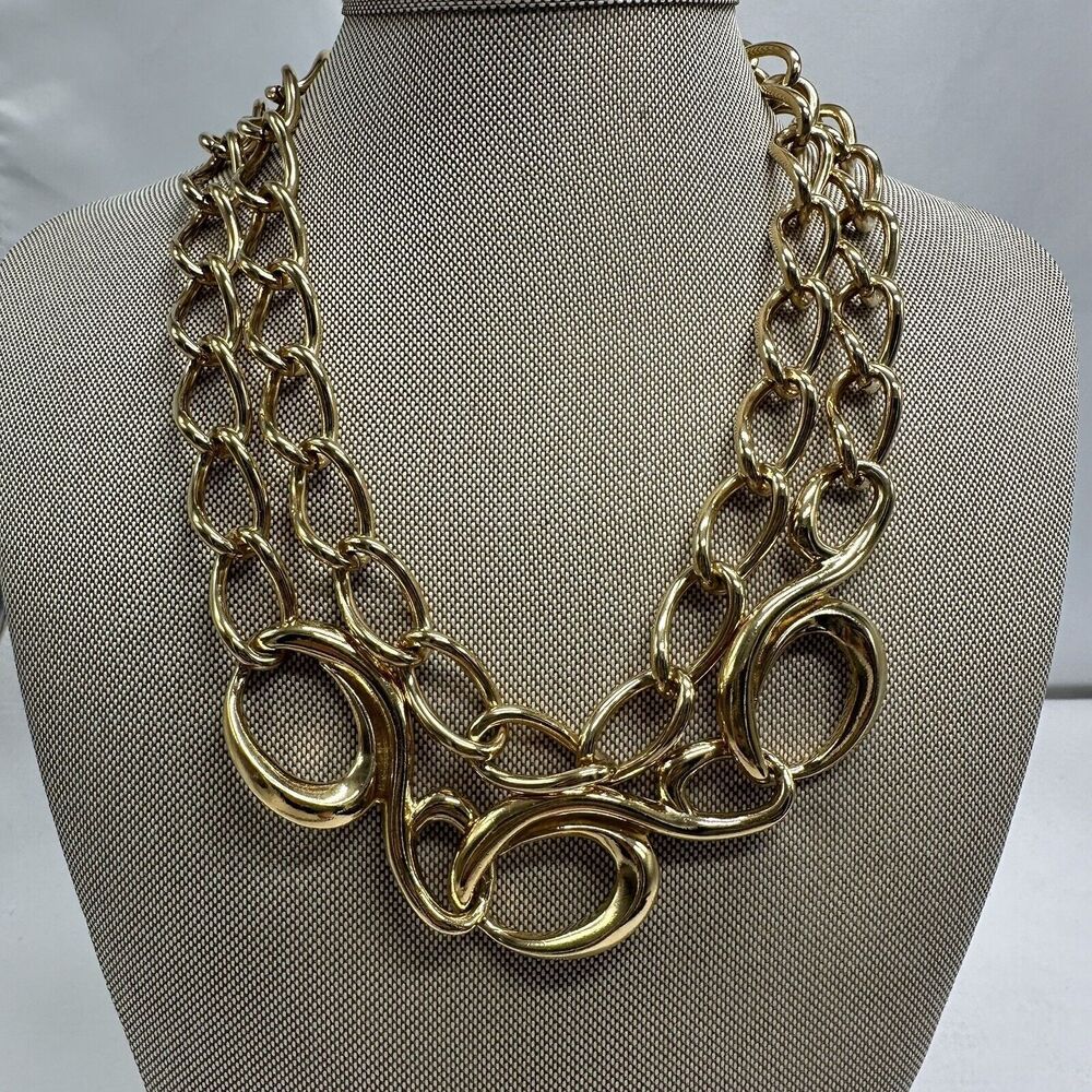 Chunky Link Gold Tone Double Strand Toggle Necklace Statement 18” Flaw